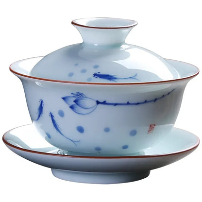 Chinese Retro Ceramic Gaiwan Teacup Hand Painted Lotus Flower Pattern Tea Bowl Porcelain Teaware Accessories Drinkware 130ml