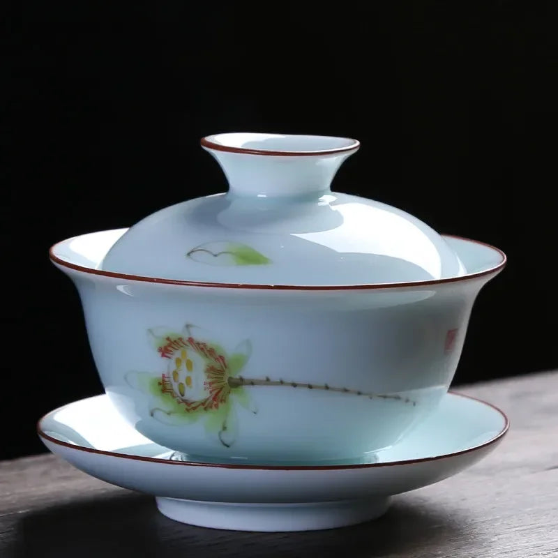 Chinese Retro Ceramic Gaiwan Teacup Hand Painted Lotus Flower Pattern Tea Bowl Porcelain Teaware Accessories Drinkware 130ml