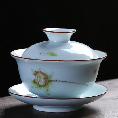 Chinese Retro Ceramic Gaiwan Teacup Hand Painted Lotus Flower Pattern Tea Bowl Porcelain Teaware Accessories Drinkware 130ml