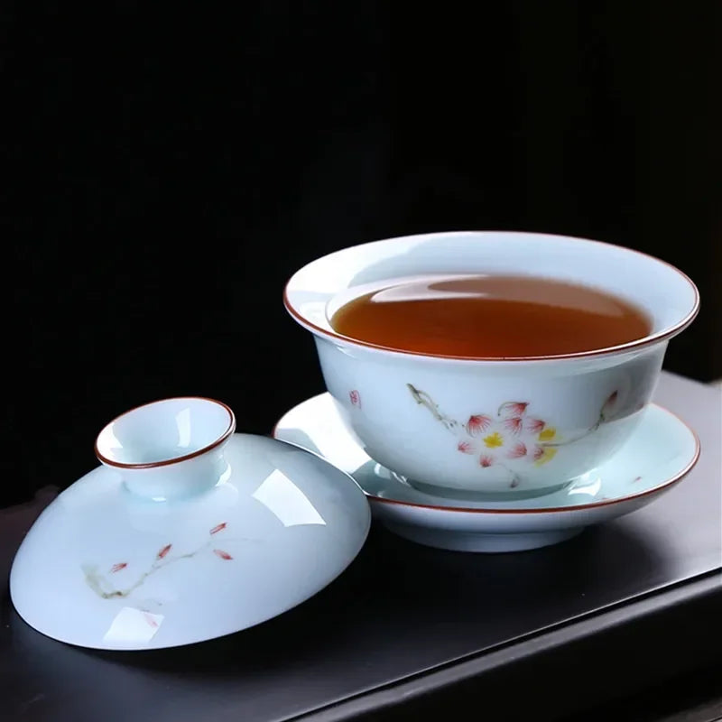 Chinese Retro Ceramic Gaiwan Teacup Hand Painted Lotus Flower Pattern Tea Bowl Porcelain Teaware Accessories Drinkware 130ml