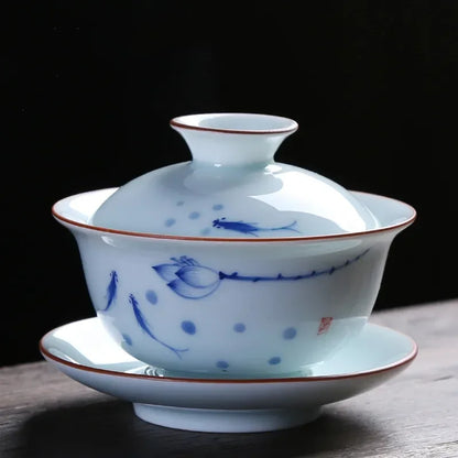 Chinese Retro Ceramic Gaiwan Teacup Hand Painted Lotus Flower Pattern Tea Bowl Porcelain Teaware Accessories Drinkware 130ml