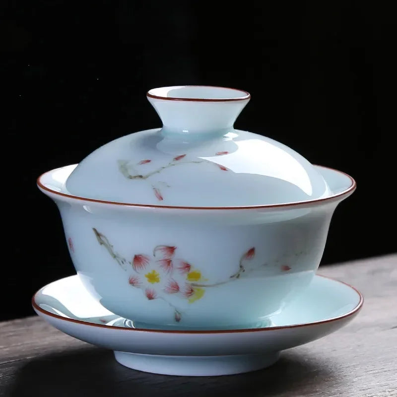 Chinese Retro Ceramic Gaiwan Teacup Hand Painted Lotus Flower Pattern Tea Bowl Porcelain Teaware Accessories Drinkware 130ml