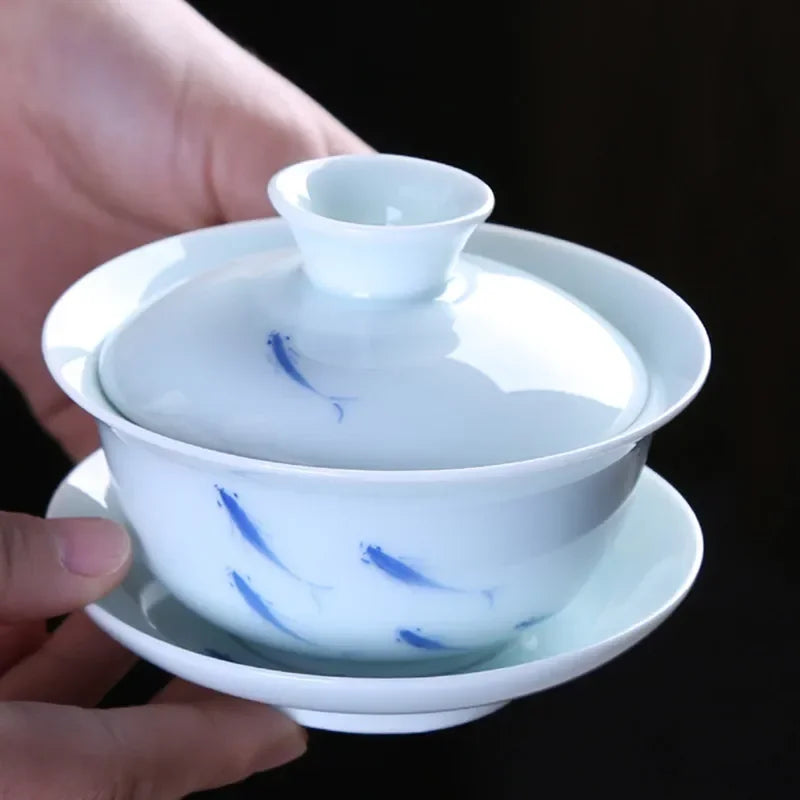 Chinese Retro Ceramic Gaiwan Teacup Hand Painted Lotus Flower Pattern Tea Bowl Porcelain Teaware Accessories Drinkware 130ml