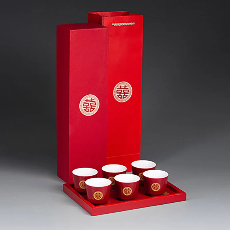 Chinese Retro Red Wedding Ceramic Teacup Tea Cup Set Porcelain Coffee Mugs Teaware Ceremony Luxury Souvenir Gifts