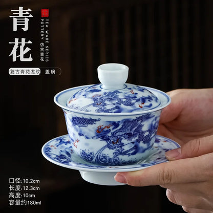 Chinese Retro Sancai Gaiwan Blue and White Tea Tureen Ceramic Teaware Tea Cup Set Handmade Porcelain Gongfu Tea Bowl Cups