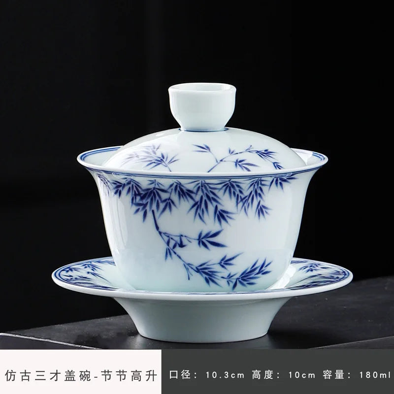 Chinese Retro Sancai Gaiwan Blue and White Tea Tureen Ceramic Teaware Tea Cup Set Handmade Porcelain Gongfu Tea Bowl Cups