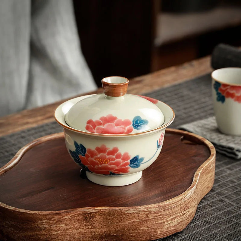 Chinese Rrtro Pottery Sancai Gaiwan Ceramic Teaware Tea Bowls On-glazed Handmade Kung Fu Tea Cups Tea Tureen Set