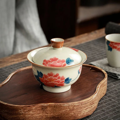 Chinese Rrtro Pottery Sancai Gaiwan Ceramic Teaware Tea Bowls On-glazed Handmade Kung Fu Tea Cups Tea Tureen Set