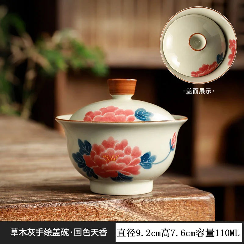 Chinese Rrtro Pottery Sancai Gaiwan Ceramic Teaware Tea Bowls On-glazed Handmade Kung Fu Tea Cups Tea Tureen Set