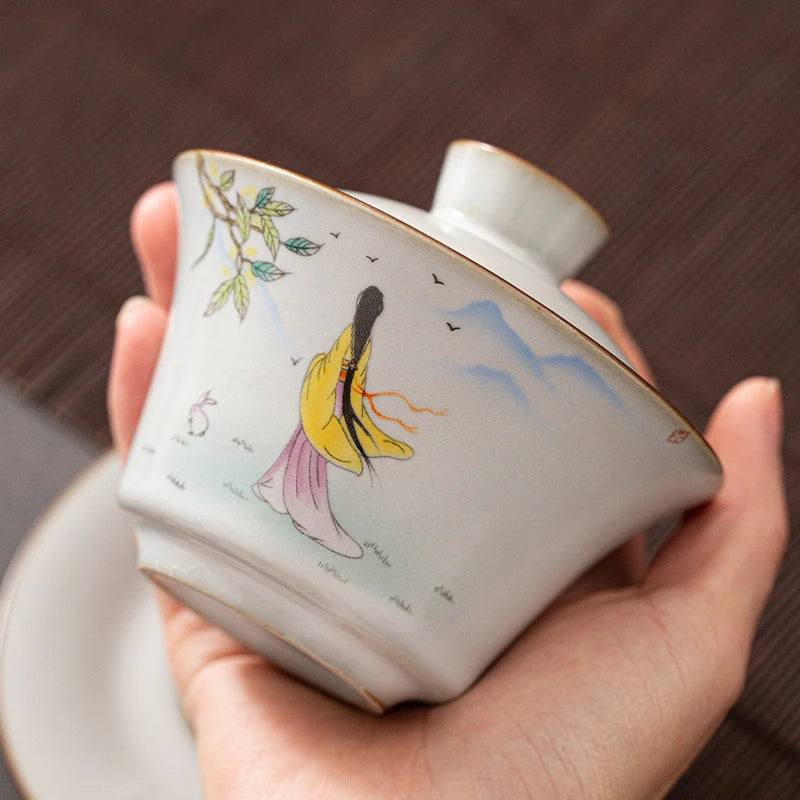 Chinese Ru Kiln Ceramic Gaiwan Travel Tea Bowl Household Handmade Teaware Accessories Drinkware Portable Personal Teacup 150ml