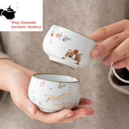 Chinese Ru Kiln Ceramic Teacup Travel Meditation Cup Handmade Cute Cat Pattern Tea Bowl Personal Pu'er Master Cup Tea Set 110ml