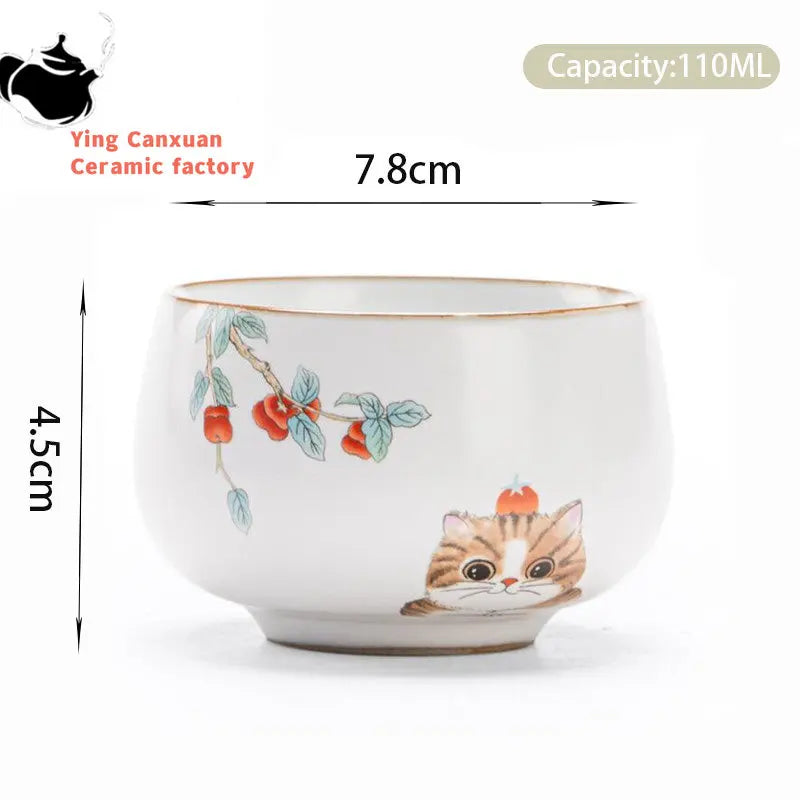 Chinese Ru Kiln Ceramic Teacup Travel Meditation Cup Handmade Cute Cat Pattern Tea Bowl Personal Pu'er Master Cup Tea Set 110ml