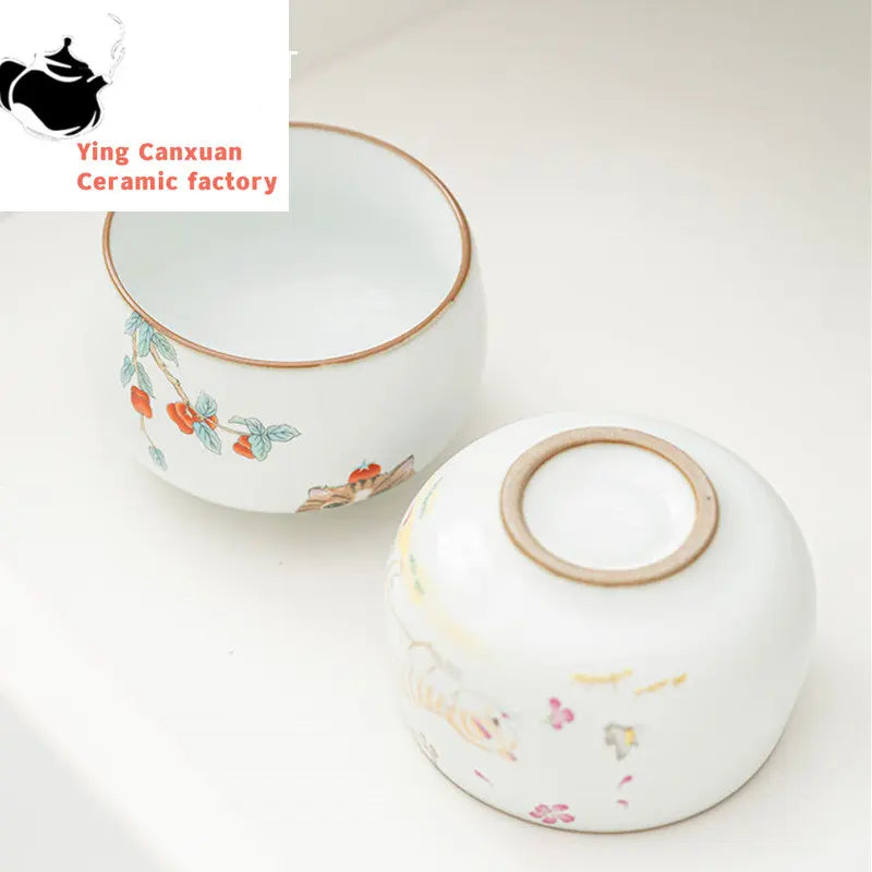 Chinese Ru Kiln Ceramic Teacup Travel Meditation Cup Handmade Cute Cat Pattern Tea Bowl Personal Pu'er Master Cup Tea Set 110ml