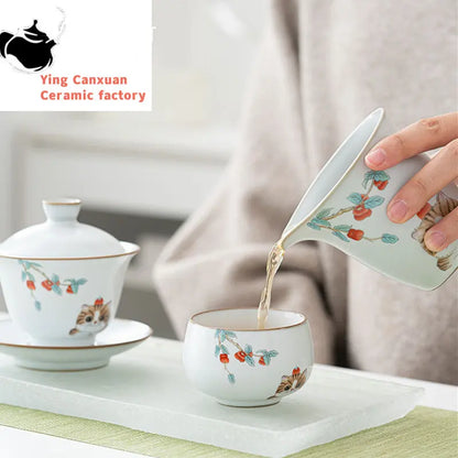Chinese Ru Kiln Ceramic Teacup Travel Meditation Cup Handmade Cute Cat Pattern Tea Bowl Personal Pu'er Master Cup Tea Set 110ml