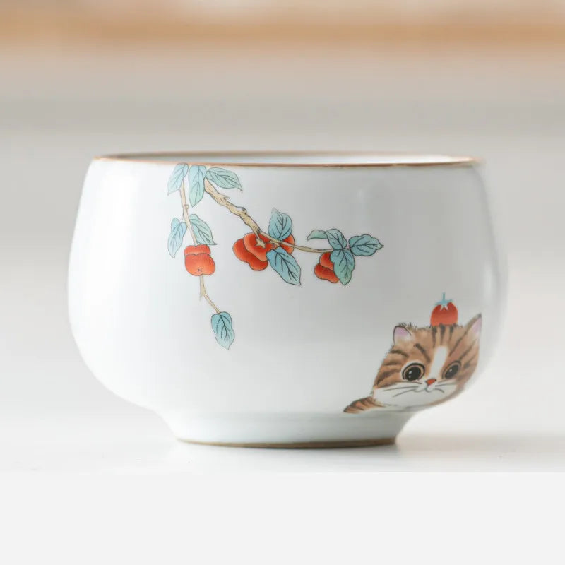 Chinese Ru Kiln Ceramic Teacup Travel Meditation Cup Handmade Cute Cat Pattern Tea Bowl Personal Pu'er Master Cup Tea Set 110ml