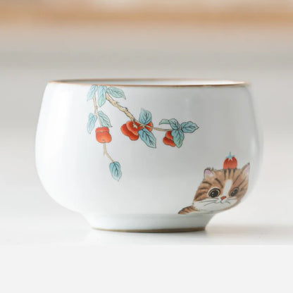 Chinese Ru Kiln Ceramic Teacup Travel Meditation Cup Handmade Cute Cat Pattern Tea Bowl Personal Pu'er Master Cup Tea Set 110ml