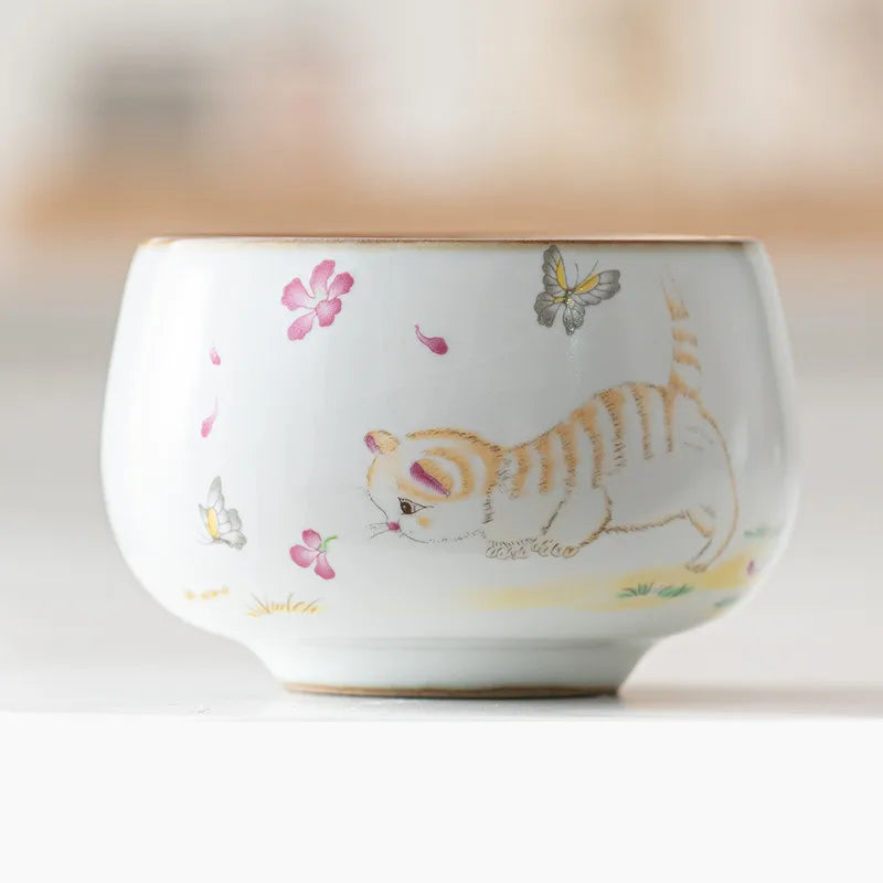 Chinese Ru Kiln Ceramic Teacup Travel Meditation Cup Handmade Cute Cat Pattern Tea Bowl Personal Pu'er Master Cup Tea Set 110ml