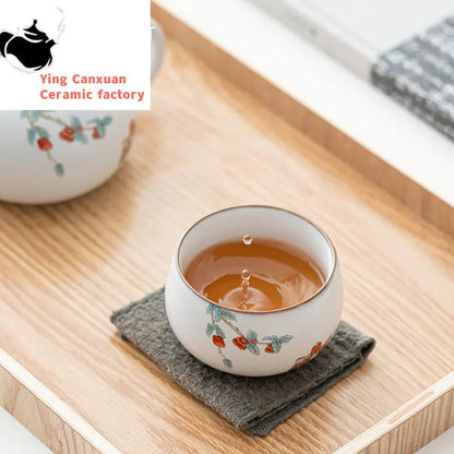 Chinese Ru Kiln Ceramic Teacup Travel Meditation Cup Handmade Cute Cat Pattern Tea Bowl Personal Pu'er Master Cup Tea Set 110ml