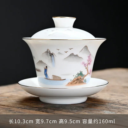 Chinese Sancai Gaiwan Ceramic Tea Tureen Panda Pattern Tea Cups Handmade Porcelain Blue and White Tea Bowl Cup Teacups