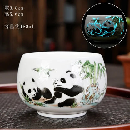 Chinese Sancai Gaiwan Ceramic Tea Tureen Panda Pattern Tea Cups Handmade Porcelain Blue and White Tea Bowl Cup Teacups