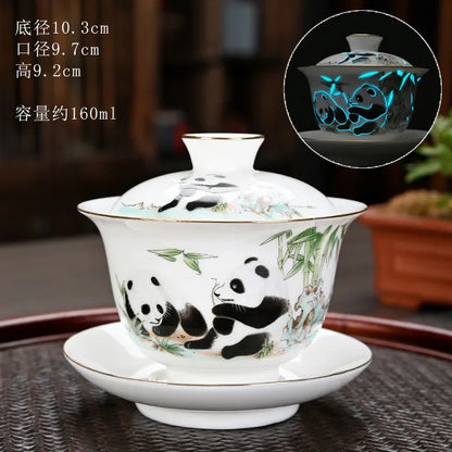 Chinese Sancai Gaiwan Ceramic Tea Tureen Panda Pattern Tea Cups Handmade Porcelain Blue and White Tea Bowl Cup Teacups