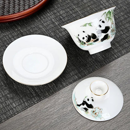 Chinese Sancai Gaiwan Ceramic Tea Tureen Panda Pattern Tea Cups Handmade Porcelain Blue and White Tea Bowl Cup Teacups