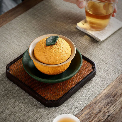 Chinese Sancai Gaiwan Handmade Pottery Tea Cup Bowl Creative Orange Shape Tea Tureen for Home Use Ceramic Pigmented Teaware Set