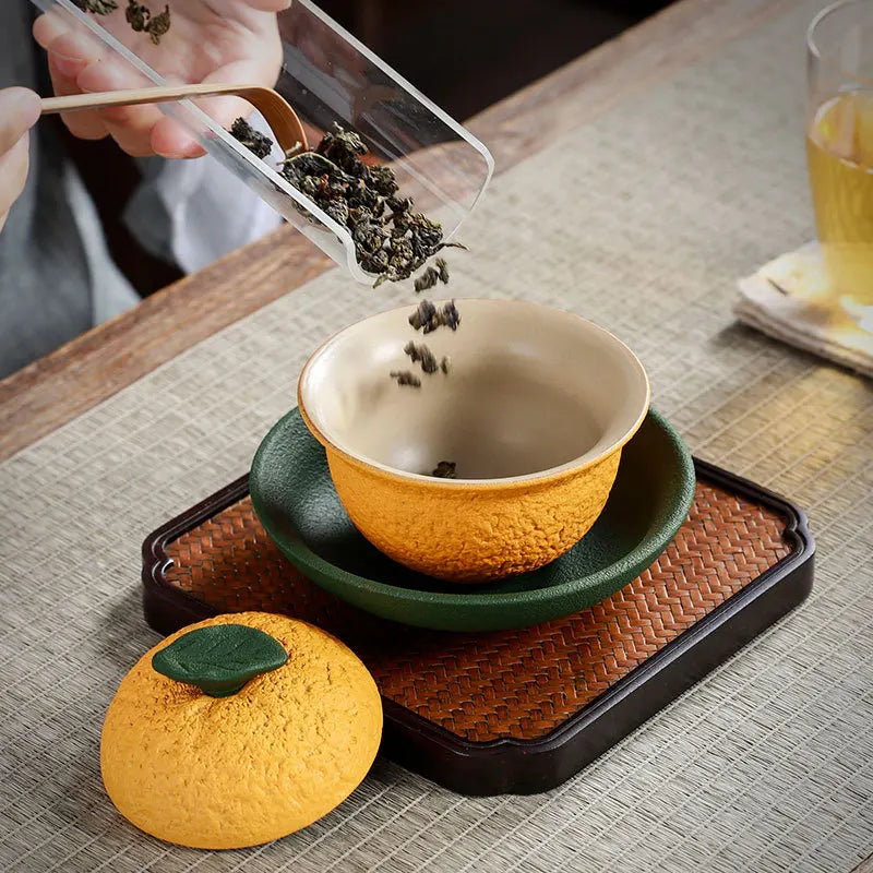 Chinese Sancai Gaiwan Handmade Pottery Tea Cup Bowl Creative Orange Shape Tea Tureen for Home Use Ceramic Pigmented Teaware Set
