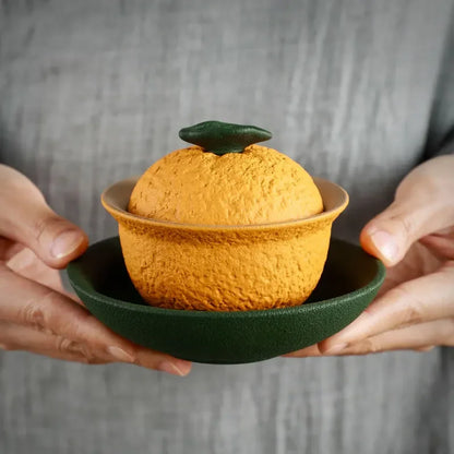 Chinese Sancai Gaiwan Handmade Pottery Tea Cup Bowl Creative Orange Shape Tea Tureen for Home Use Ceramic Pigmented Teaware Set