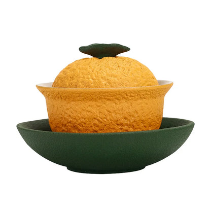 Chinese Sancai Gaiwan Handmade Pottery Tea Cup Bowl Creative Orange Shape Tea Tureen for Home Use Ceramic Pigmented Teaware Set