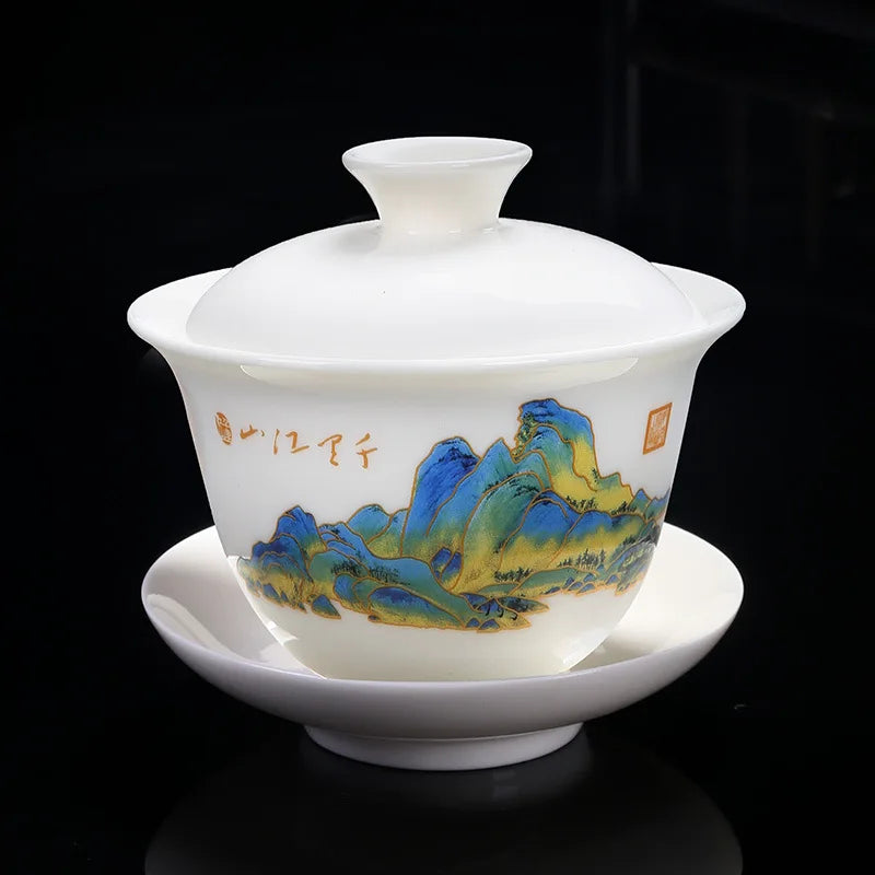 Chinese Sancai Gaiwan Teaware Set Ceramic Tea Tureen Pigmented Flower Teacups Handmade Porcelain Kung Fu Tea Bowl Cup