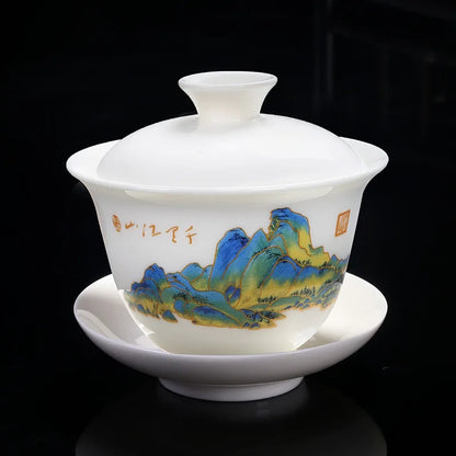 Chinese Sancai Gaiwan Teaware Set Ceramic Tea Tureen Pigmented Flower Teacups Handmade Porcelain Kung Fu Tea Bowl Cup
