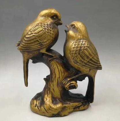 Chinese Seiko carving pure brass Two magpies statue