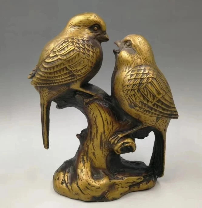 Chinese Seiko carving pure brass Two magpies statue