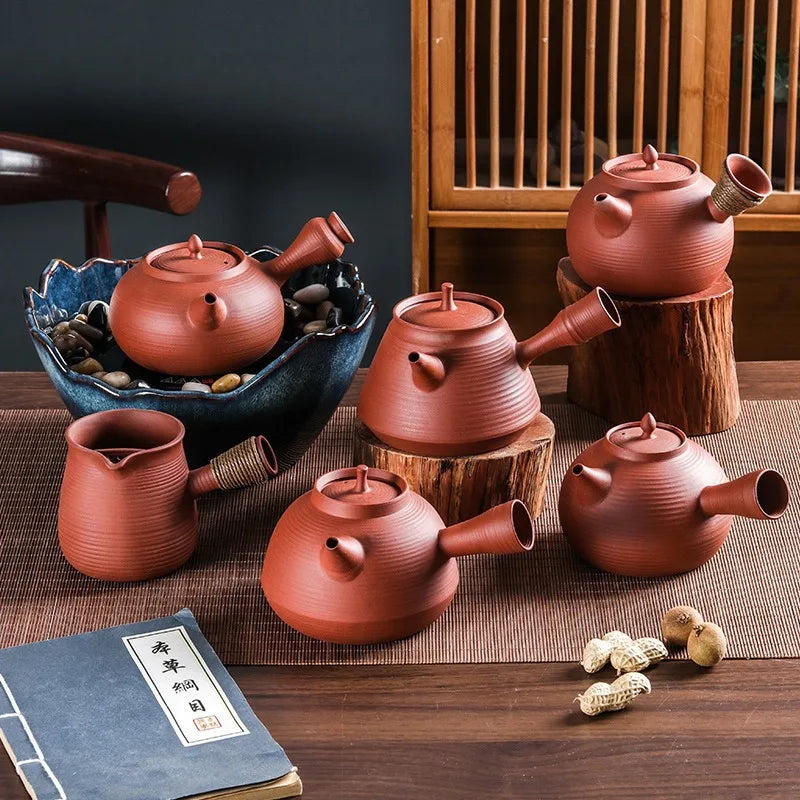 Chinese Side Handle Vermilion Kettle Red Mud Sand Jumping Lid Boiling Teapot Raw Ore Handmade Purple Sand Teapot Kung Fu Tea Set