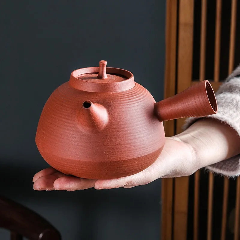 Chinese Side Handle Vermilion Kettle Red Mud Sand Jumping Lid Boiling Teapot Raw Ore Handmade Purple Sand Teapot Kung Fu Tea Set