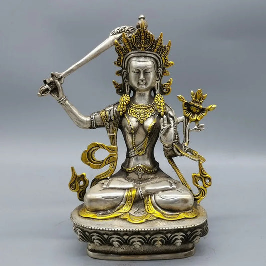 Chinese Silver Bronze Gilt Tibetan Buddhism Statue Manjushri Buddha