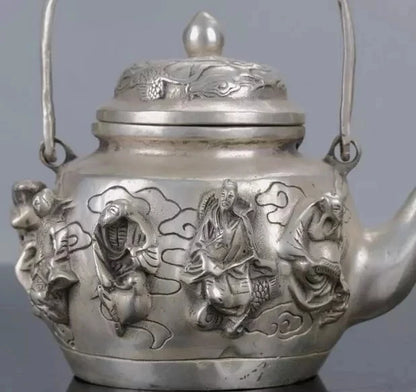 Chinese Silver Copper Handwork Carved The Eight Immortals Teapot