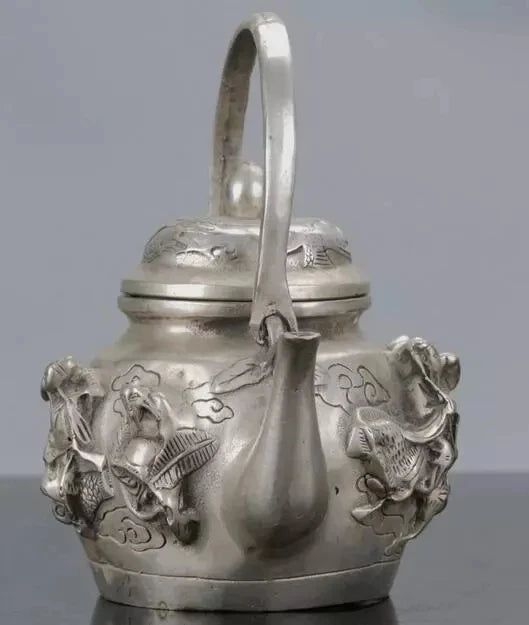 Chinese Silver Copper Handwork Carved The Eight Immortals Teapot