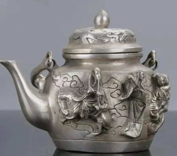 Chinese Silver Copper Handwork Carved The Eight Immortals Teapot