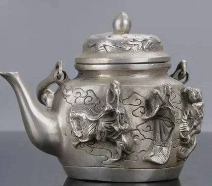Chinese Silver Copper Handwork Carved The Eight Immortals Teapot