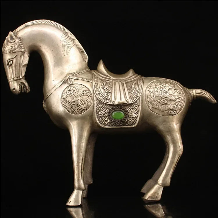 Chinese Silver White Copper Handmade Carved Horse Statue Crafts