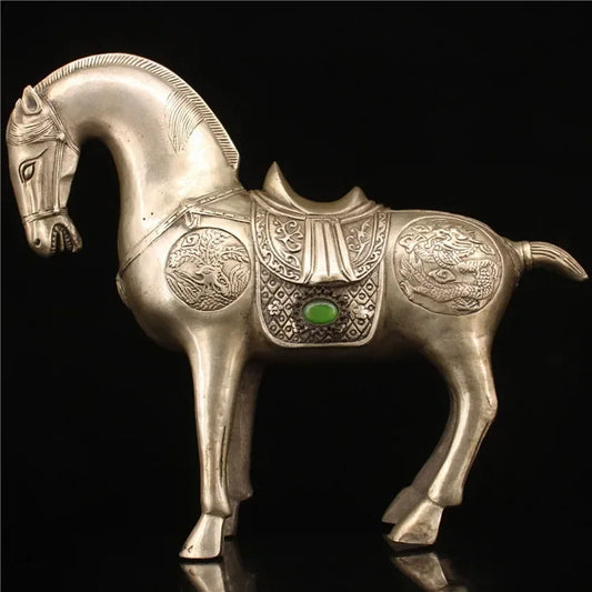 Chinese Silver White Copper Handmade Carved Horse Statue Crafts