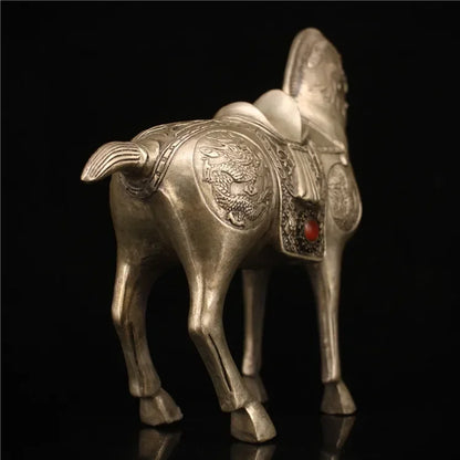 Chinese Silver White Copper Handmade Carved Horse Statue Crafts