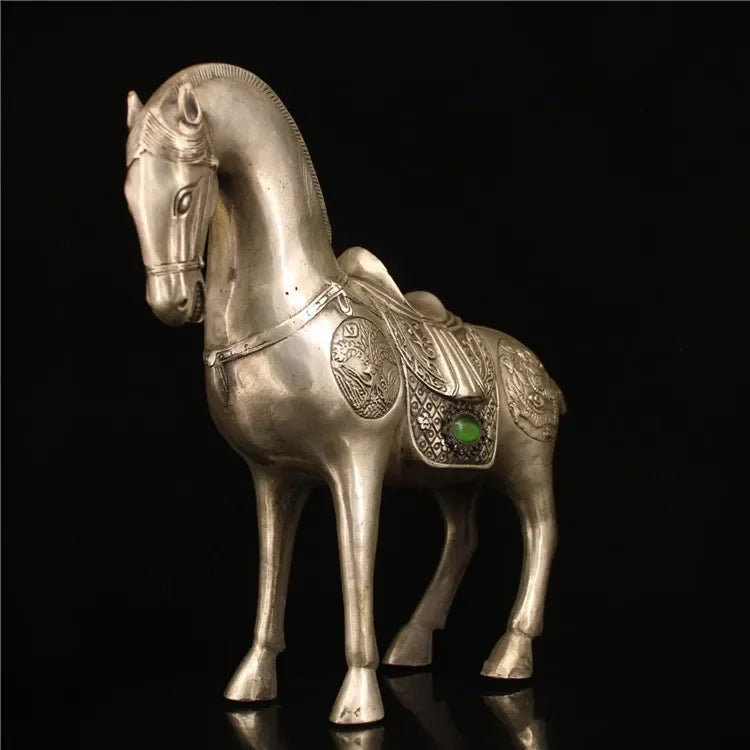 Chinese Silver White Copper Handmade Carved Horse Statue Crafts