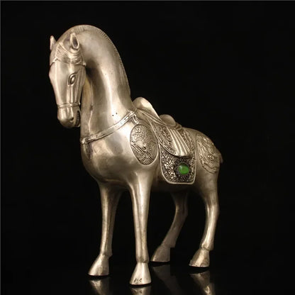 Chinese Silver White Copper Handmade Carved Horse Statue Crafts