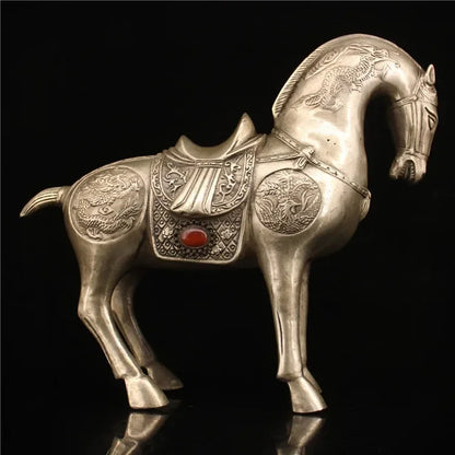 Chinese Silver White Copper Handmade Carved Horse Statue Crafts