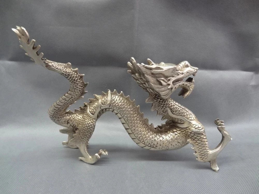 Chinese Silver Zodiac Myth Beast Figurine Wealth Fly Dragon Bronze Statue