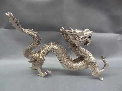 Chinese Silver Zodiac Myth Beast Figurine Wealth Fly Dragon Bronze Statue