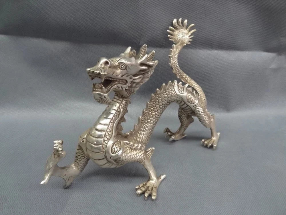 Chinese Silver Zodiac Myth Beast Figurine Wealth Fly Dragon Bronze Statue